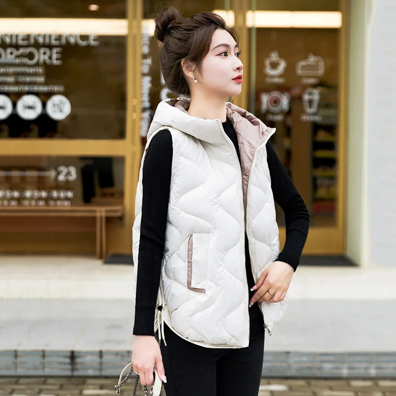 2024New Autumn Winter Warm Waistcoat Ladies Sleeveless Hooded Down Cotton Coat Women Outerwear Casual Puffer Vest Student Jacket