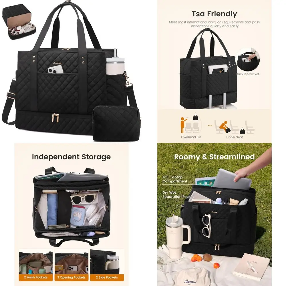 

Women's 52L Weekender Duffle Bag with Shoe Compartment, Wet Pocket, and Quilted Carry-On Personal Item for Large Travel