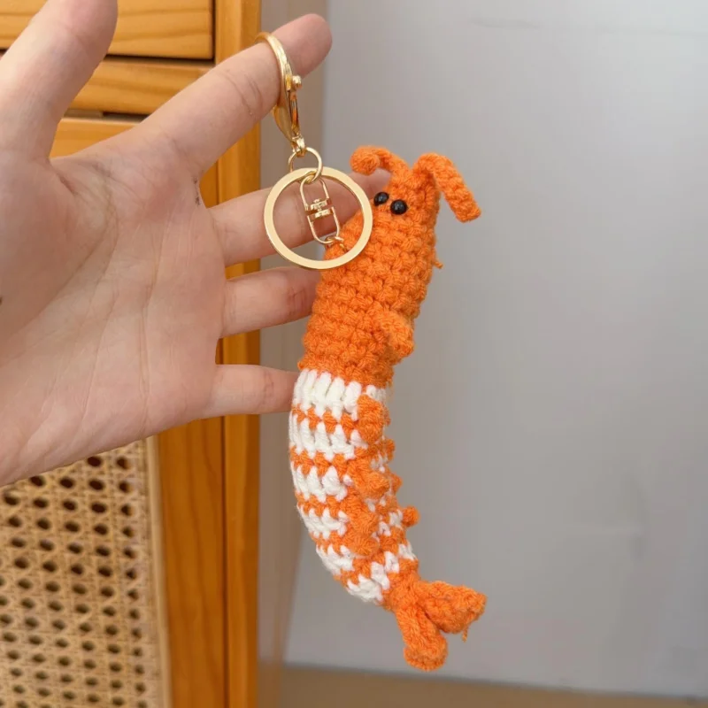 Cute Shrimp Charm Keychains Mini Hand Knitted Car Keyring Lovely Backpack Handbag Pendant Couple Keyholder