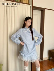 CHEERART Blue Striped Peter Pan Collar Long Sleeve Cute Short Dress Women Lace Patchwork Mini Dress Fall Korean Fashion