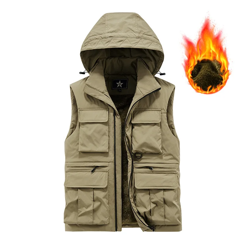2025 Winter Man Cargo Vest Thicken Cold-proof Loose Male Hooded Waistcoat Vintage Solid Color Sleeveless Pocket Zipper Men Coat