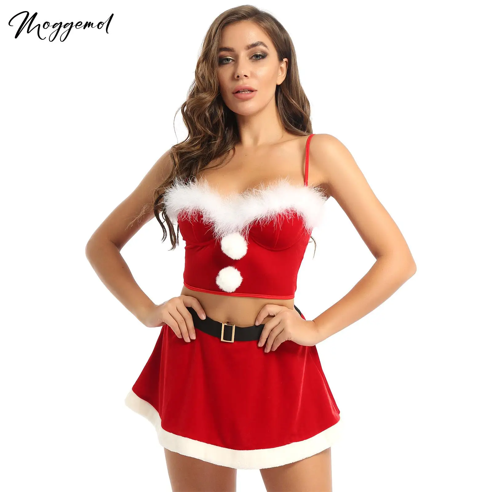 Womens Christmas Costume Santa Claus Outfits Faux Fur Trimming Zip Back Underwired Bra Crop Top with Mini Skirts for Xmas Party