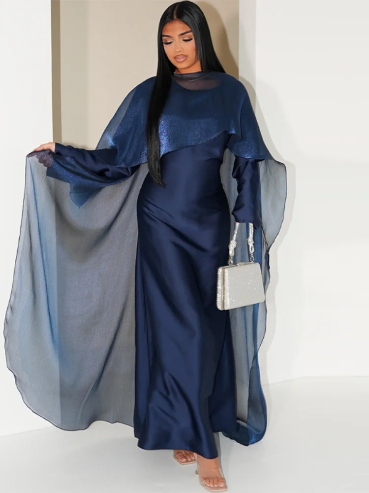 

Elegant Chic Dress Romantic Designers Party Women Cape Satin Gown Slim Fit Casual Vintage Refined Modest Female Outfits