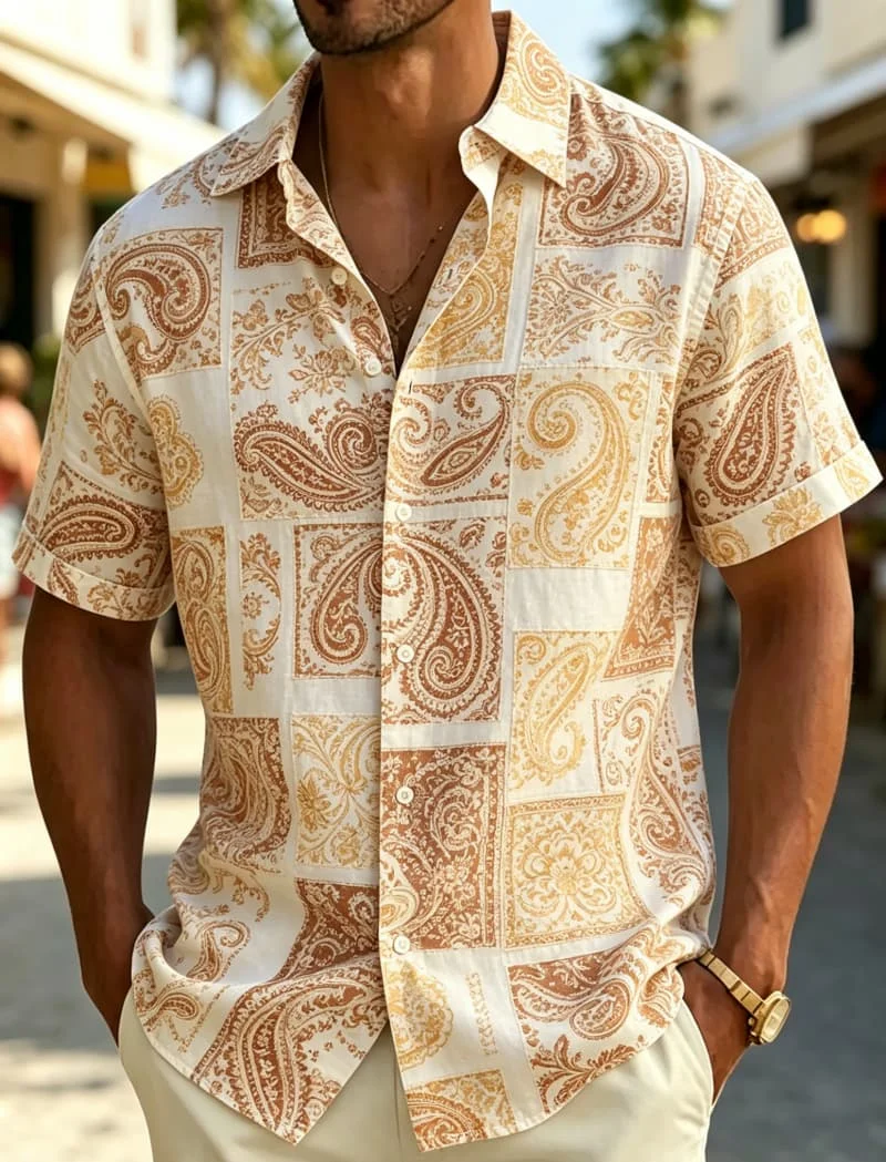 Men's Classic Bohemian Paisley Print Casual Shirt, Breathable Top For Summer Leisure Beach Gathering And Daily Everyday Wear