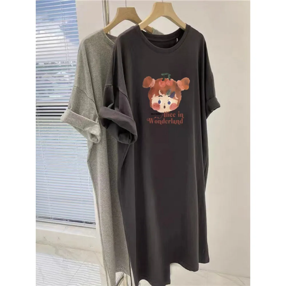 ชุดเดรสแขนสั้นพิมพ์ลายการ์ตูนน่ารักสไตล์ฤดูร้อนหวานสบายๆ ทรงหลวมขนาดใหญ่สำหรับผู้หญิง