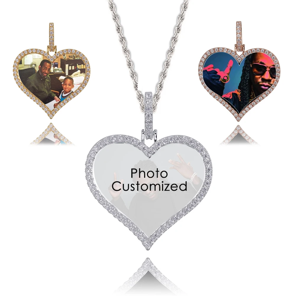 

Custom Photo Heart Shape Pendant Necklace Shiny Bling Iced Out Cubic Zirconia Stainless Steel Chain Hip Hop Jewelry Memory Gifts
