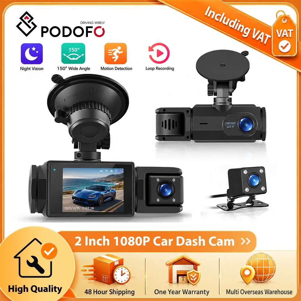 Podofo, dash cam per auto da 2 pollici con risoluzione 1080P, dotata di tre telecamere ad alta definizione, registrazione in loop, visione notturna e telecamere per l’interno sinistro, l’interno