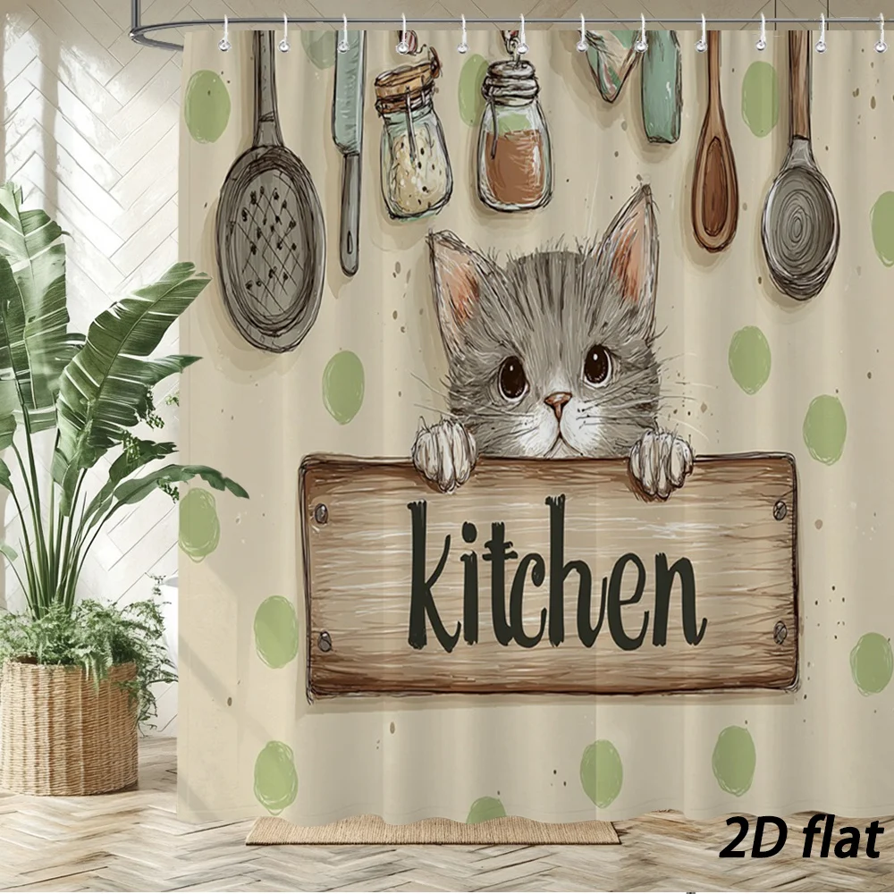 Cute Cat Kitchen Utensil Shower Curtain with Rustic Wooden Sign Decor for Bathroom Kitchen Area