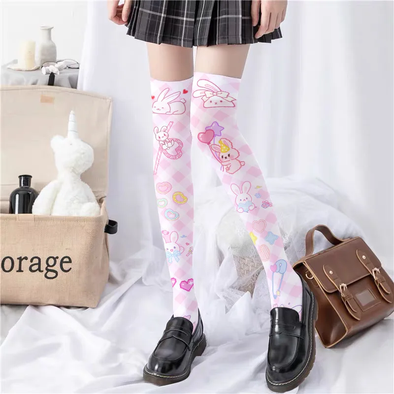 Lolita Kawaii Socks Women Over The Knee Socks Japanese Anime Harajuku Stockings Thin Leg Velvet Anime Cat Print Rabbit Socks