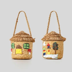 Creative Cartoon House Women Shoulder Bags Paper Woven Cute Handbags Handmade Summer Beach Bag for Girls Children 2025
