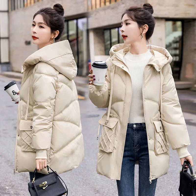

Cotton Hooded Parkas Women Autumn Winter Thick Coats Loose Pockets Jackets Zipper Warm Quilted Coat 2024 Outwear White Korean