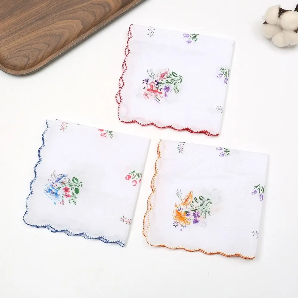 28cm Size Cotton Handkerchiefs Pure Cotton 12 Pack Tooth Edge Handkerchiefs Printed Design Tooth Edge Trim Flower Handkerchiefs
