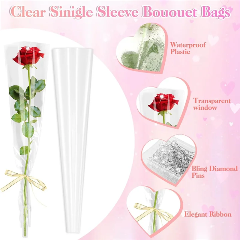 

ABKS-50 Pcs Single Rose Sleeve With Floral Water Tubes For Bouquets Valentine's Day Mother's Day For Valentine's Day Mother's Da