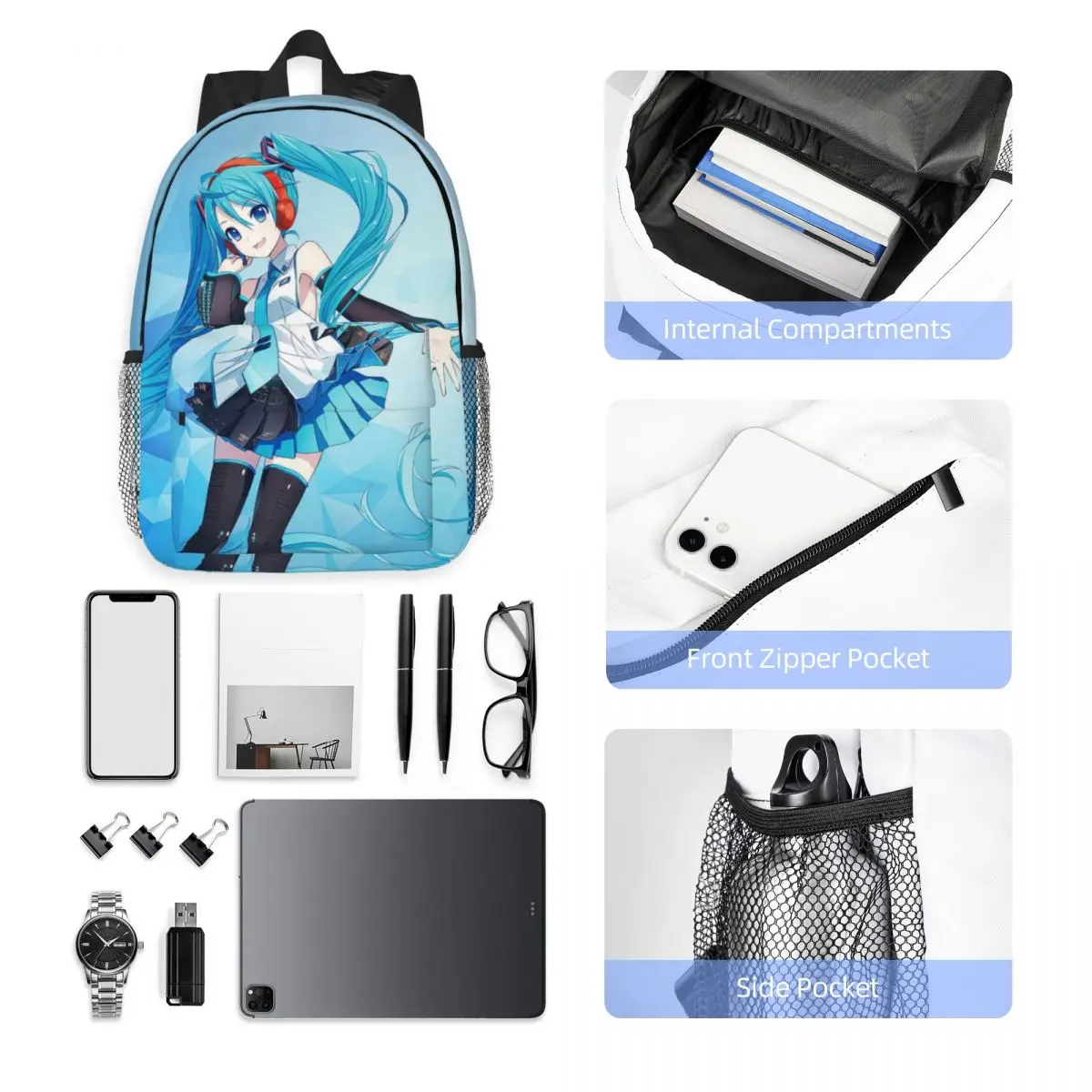 Hatsune Miku-mochila de estudiante de gran capacidad para niñas y niños, mochila impermeable ligera, 15 pulgadas