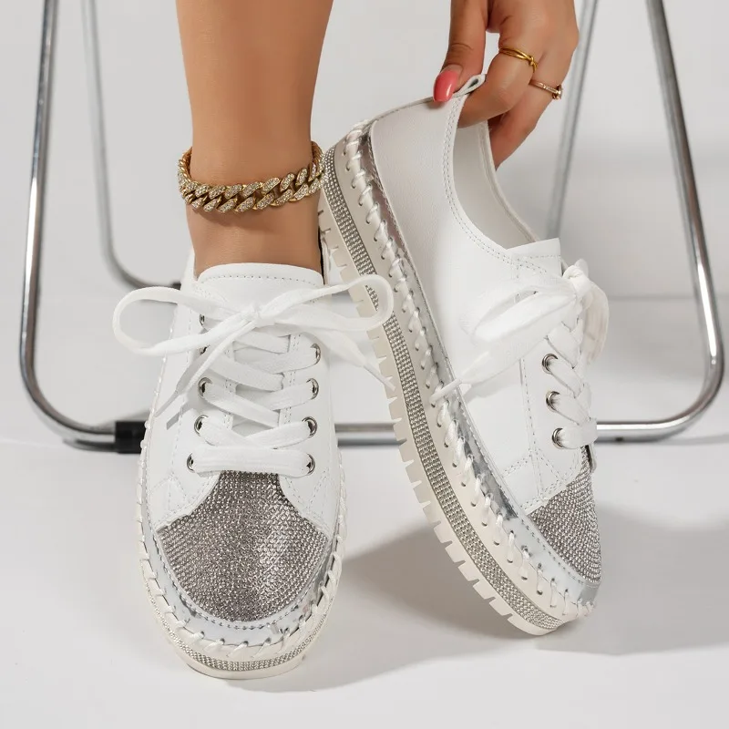 

Spring and Autumn Women's Rhinestone Embellishment Comfortable Vintage Sneakers Women Fashionable Shallow Mouth Vulcanized Shoes