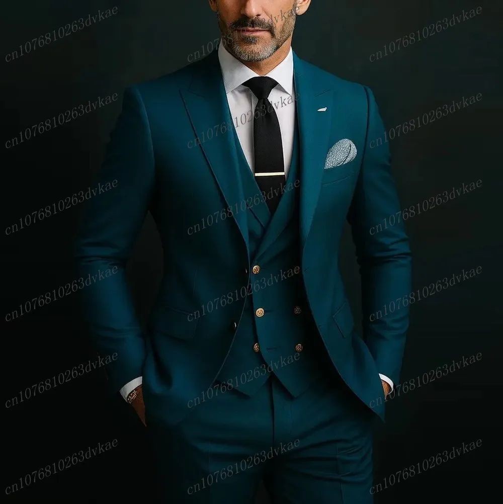 

Новый темно-синий мужской костюм для свадебной вечеринки, торжественного случая, жениха, жениха, выпускного вечера, деловые мужские смокинги, комплект из 3 предметов, куртка, жилет, брюки