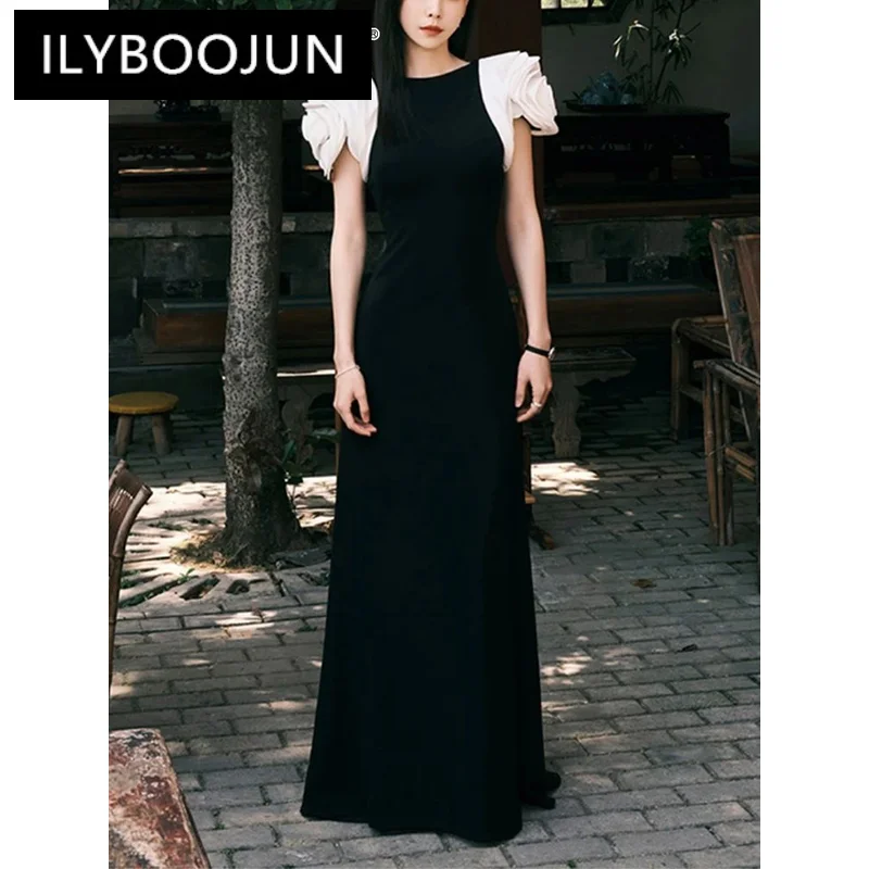 

ILYBOOJUN Colorblock Patchwork Appliques Dress For Women Round Neck Short Sleeve High Waist Temperament Dresses Female Style