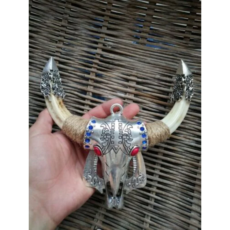 Wild Pig Teeth Embedded Alloy Cattle Head Wild Boar Teeth Amulet Pendant