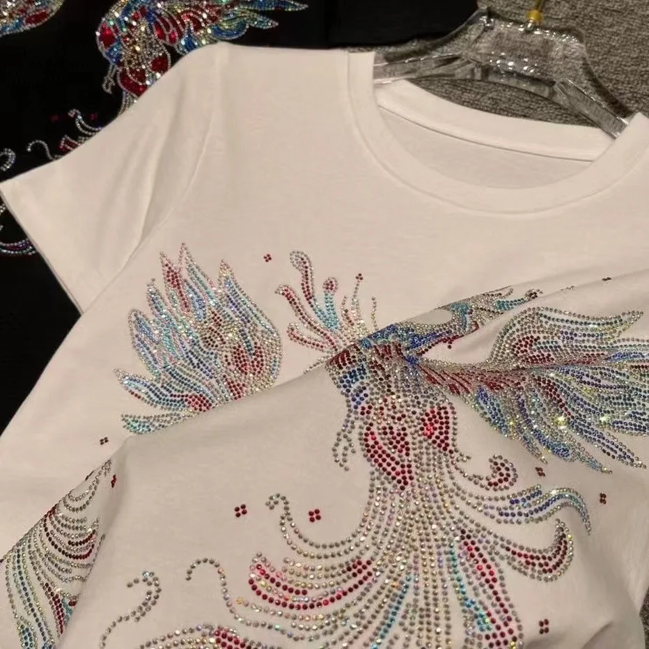Hot Drilling Sequined Short Sleeve Cotton Tshirt For Women 2025 Spring Summer New In T-shirt Black White Y2K Tops Tees