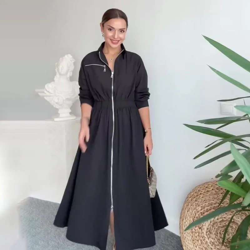 Damen-Blusen mit Reißverschluss, Umlegekragen, A-Linien-Kleid, langärmelig, solide, gespleißt, 2025, hohe Taille, lässig, lockere Passform, Sommer