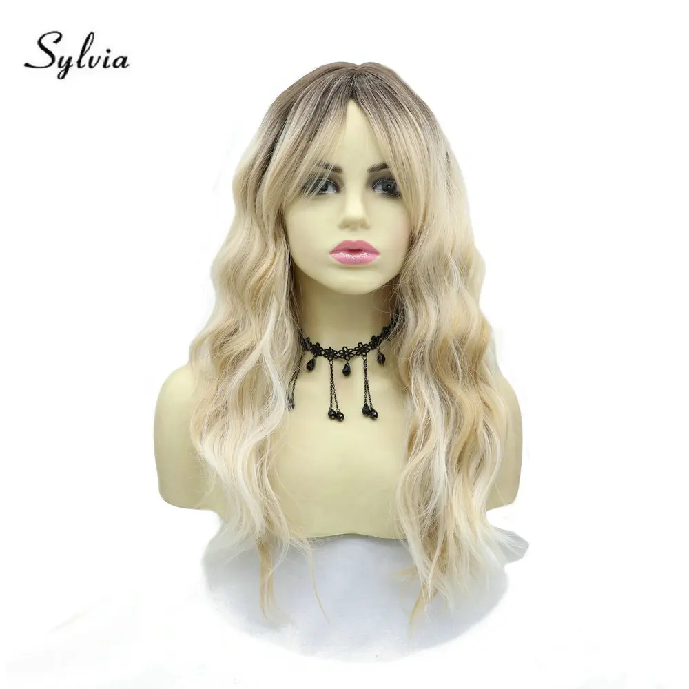 

Sylvia Ombre Blonde Synthetic Wigs for Women Long Wavy Machine Made Middle Parting Mixed Blonde Wig with Dark Roots 20 inch