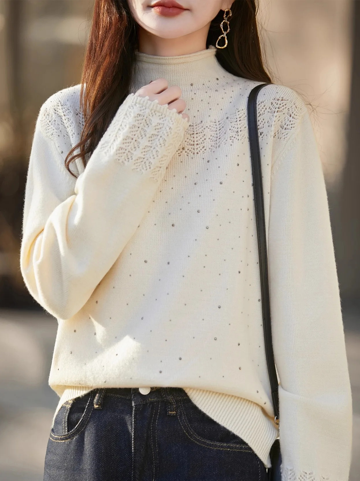 Ele iny Sequin Thiened f High Collar Knitted Sweater Women's Faionable Cozy Base Layer Winter New Arrival
