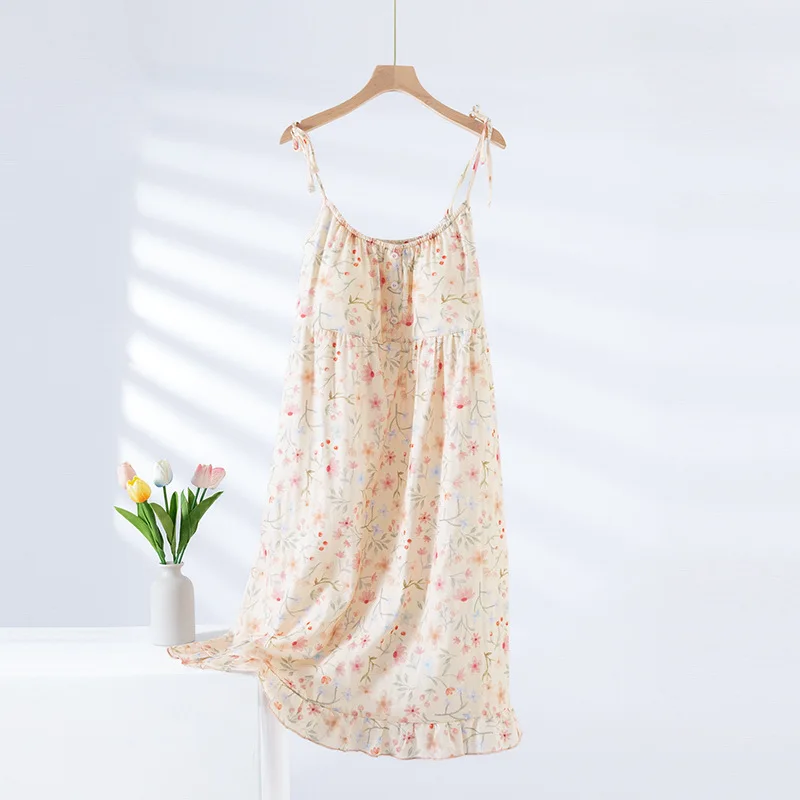 

2025 New Summer Women's Sleeping Skirt 100% Cotton Bra Free Strap Skirt Thin Large Floral Dress Summer Dress Sleepwear Women