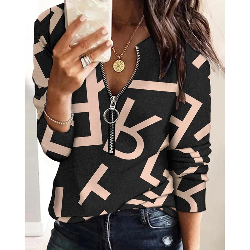 New Houndstooth Printed T-Shirt Women Spring Casual Loose Long Sleeve Tops Zipper Design V-Neck Tee Shirt Ladies Oversize Tee