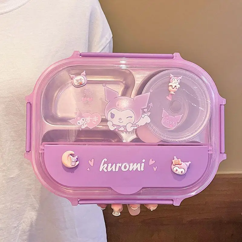 1520Ml Sanrioed Cartoon Kuromi Hellokittys Lunch Box Ins Kawaii Stainless Steel with Soup Bowl Insulation Four Grid Dinner Plate