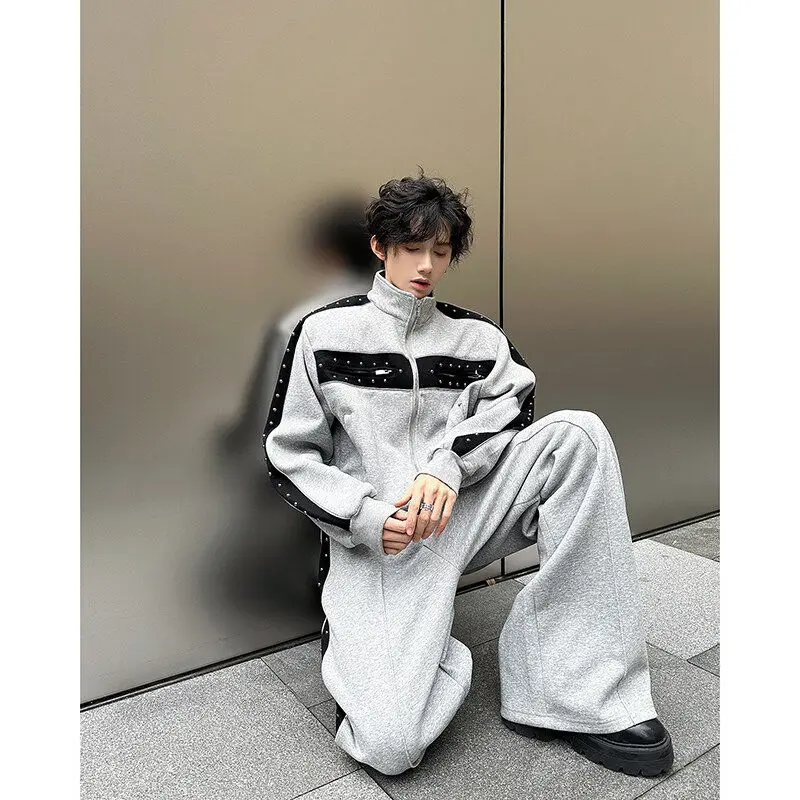 Men's 2025 Spring Autumn Trendy Two-Piece Sets Rivet Design Fashion 2pcs Contrast Color Sports Sweatshirts Wide-Leg Pants Sets