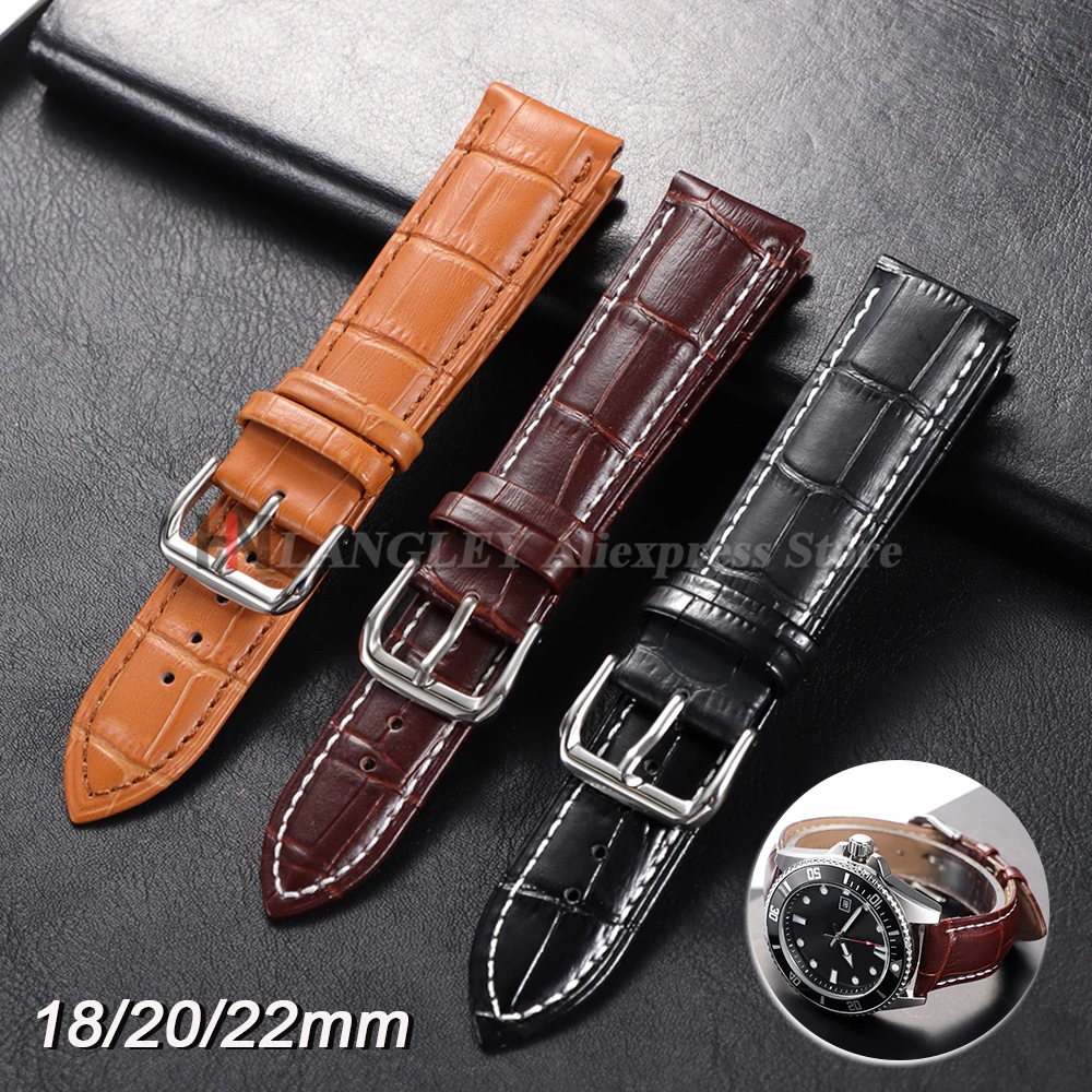 

Ремешок для часов из телячьей кожи 18 мм, 20 мм, 22 мм, ремешок для часов с крокодиловым узором для женщин и мужчин, аксессуары для часов, однотонные булавки, пряжка, коричневый
