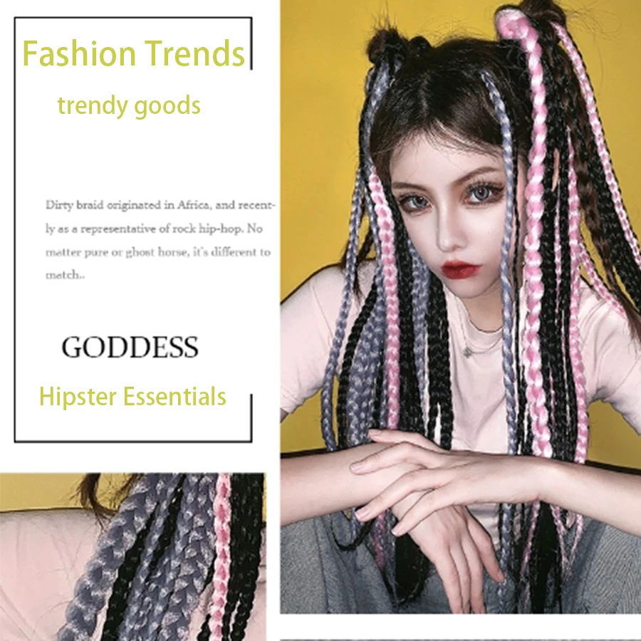 Braids Wigs Long Hair For Women Color Pigtails Hip Hop Twist Gradient Color Ethnic Style Three-strand Dirty Braids Ponytail