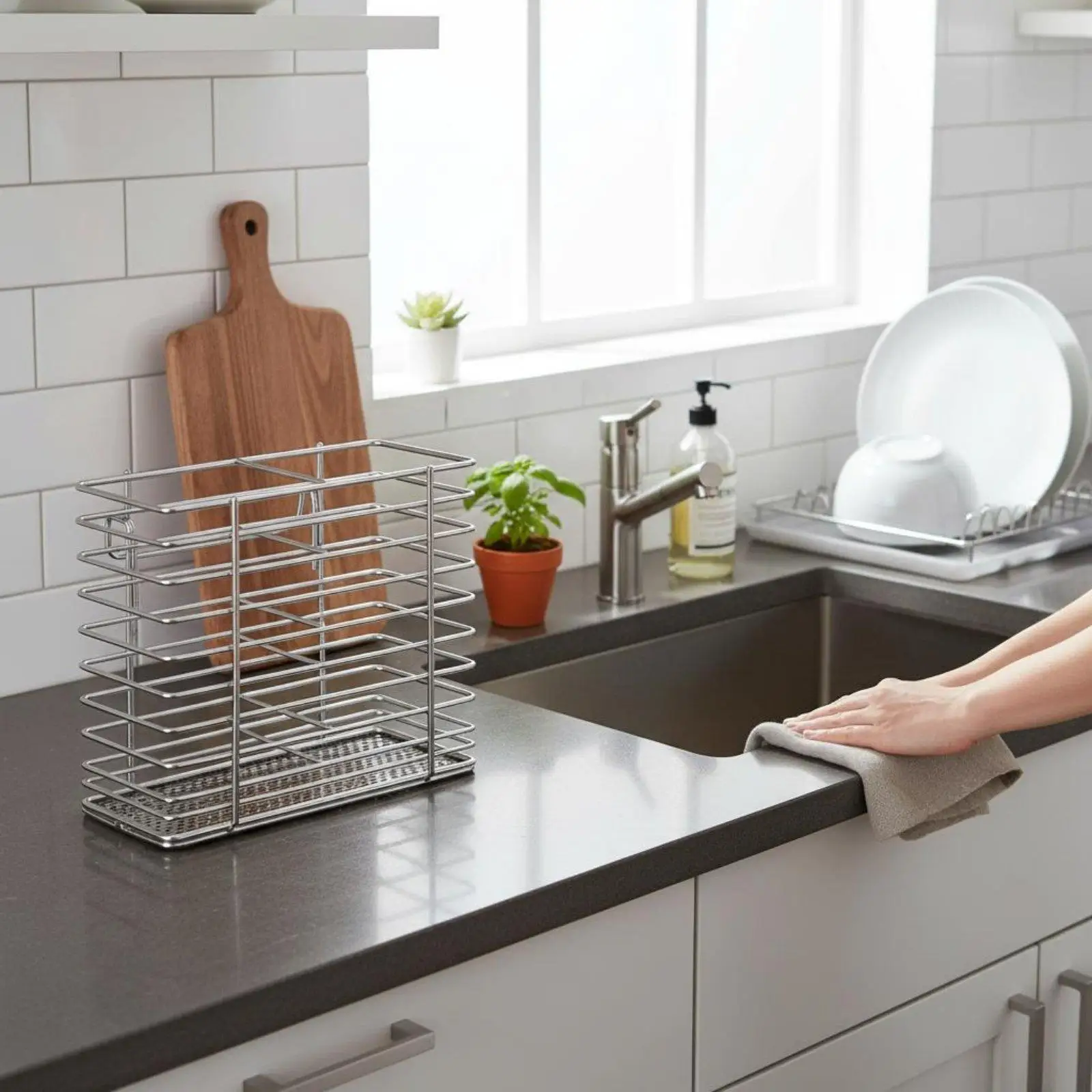 Narrow Dish Rack for Kitchen Sink Stainless Steel Dish Drainer Compact Countertop Storage Organizer with Drain Tray Rust Proof