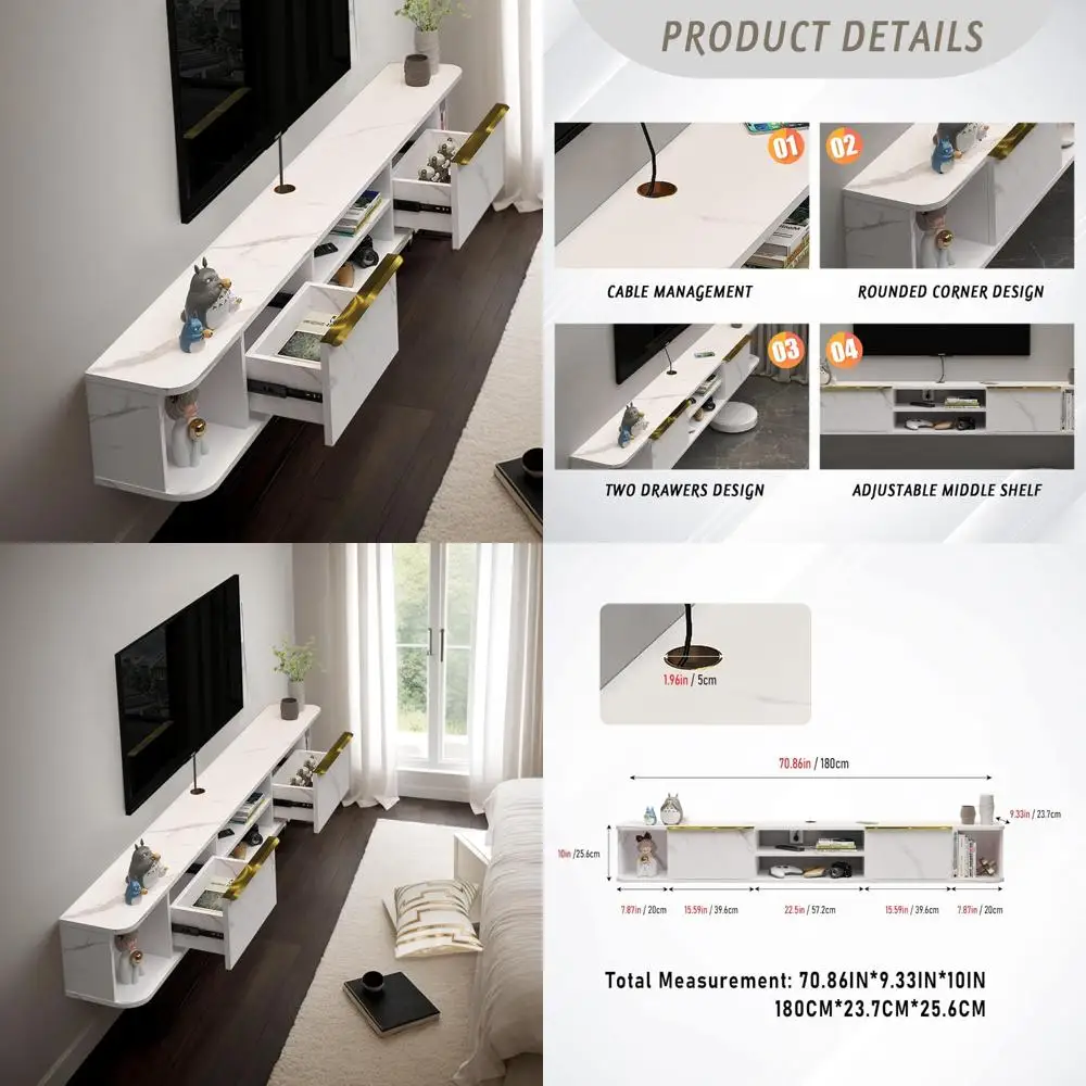 

70-дюймовая настенная плавающая подставка для телевизора с двумя ящиками и шкафом для хранения вещей