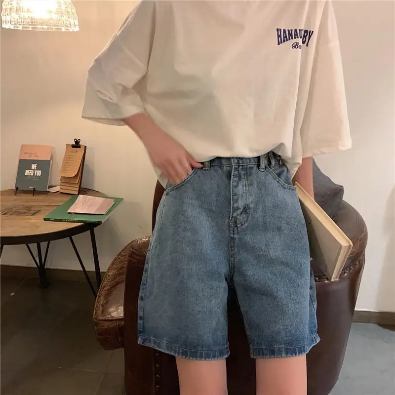 Straight Shorts Women Ulzzang Summer Chic High Waist Denim Preppy Girls Streetwear All-match Leisure Stylish Women\'s Clothing