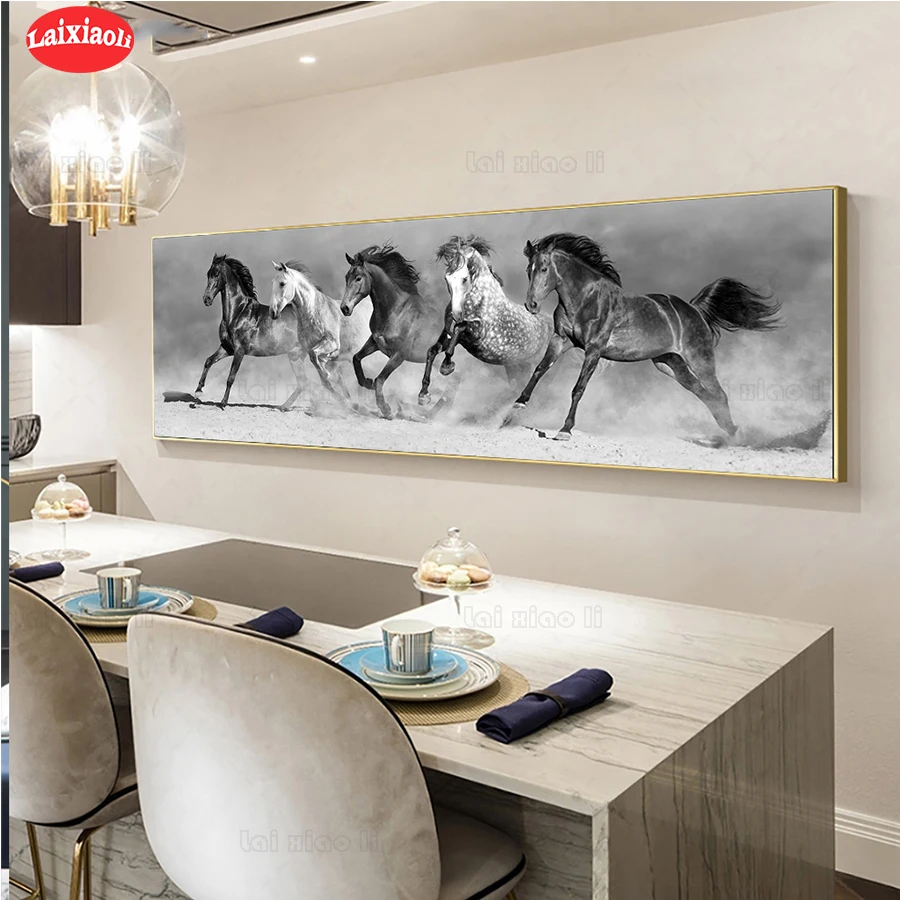

5d diy diamond painting Hot selling home art, large black and white galloping horse mosaic diamond crystal painting full square