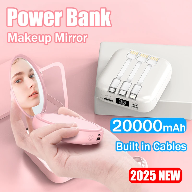 

Новое зеркало для макияжа Power Bank со встроенными кабелями, портативное зарядное устройство, внешняя запасная батарея 20000 мАч для IPhone, Huawei, Xiaomi Powerbank