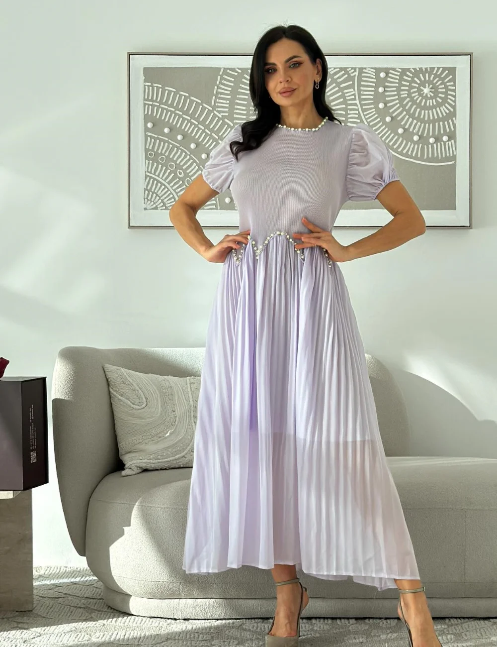 

Customized Luxury Fashion Chiffon Purple Pearl Rhinestone A-line Draped Scoop Neck Ankle Length Evening Dresses