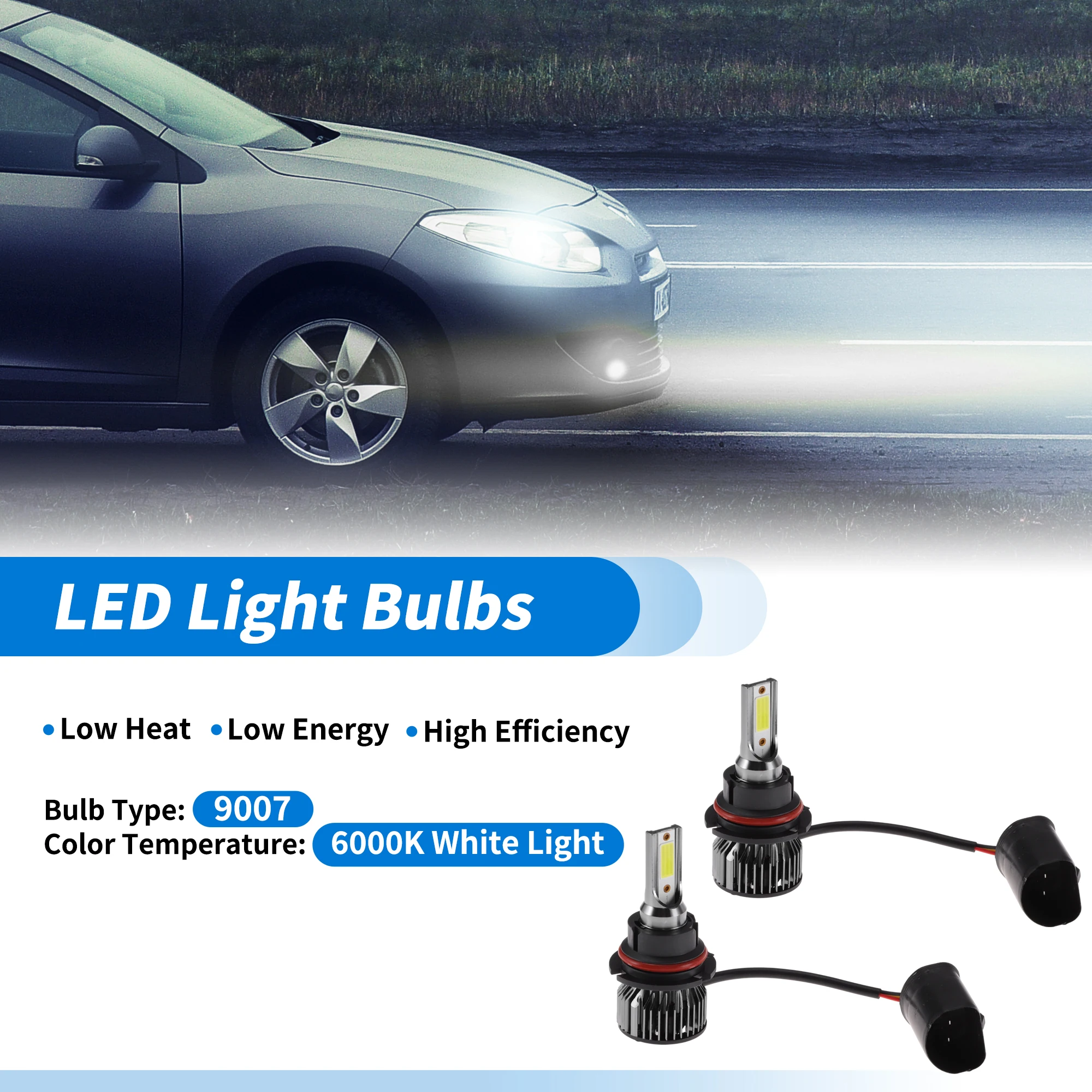 Motoforti 9007 LED Headlight Bulbs 6000lm 6000K for White Light No Flicker Driving Light 1pair