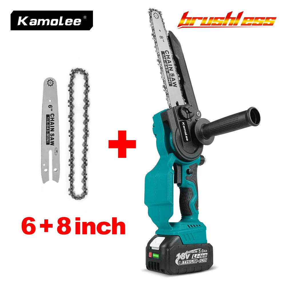 

Kamolee 6 Inch+8 Inch Mini Brushless Electric Saw Rechargeable Chain Saw Wood Cutter Pruning Garden Power Tools