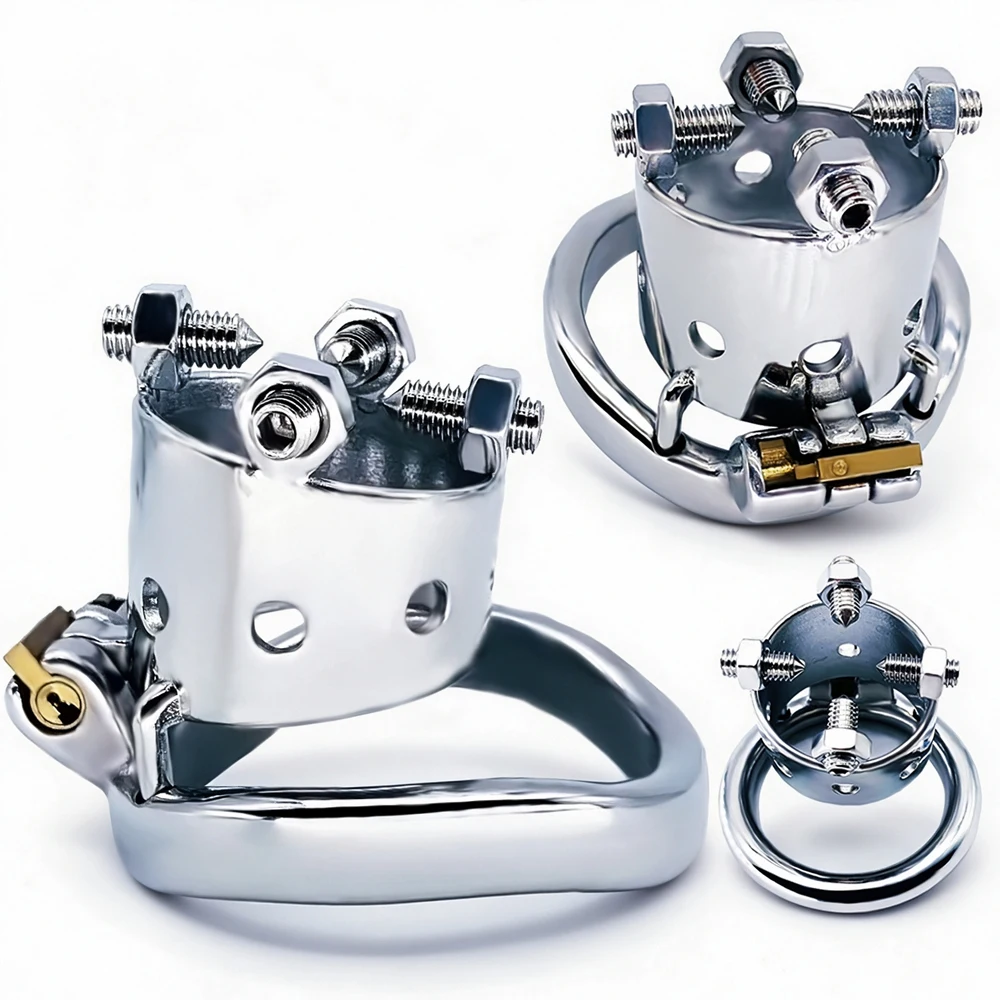 LEZEE Metal Penis Cages Rivet Design Male Chastity Cage Cock Lock Device Discreet Adult Game Abstinence Urethra Penis Ring