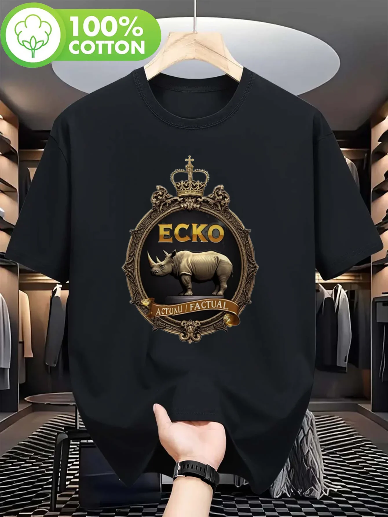Ecko European Relief Crown Frame Realistic Rhino Graphic T Shirt Scroll Carving Surround Soft Breathable Urban Streetwear Top