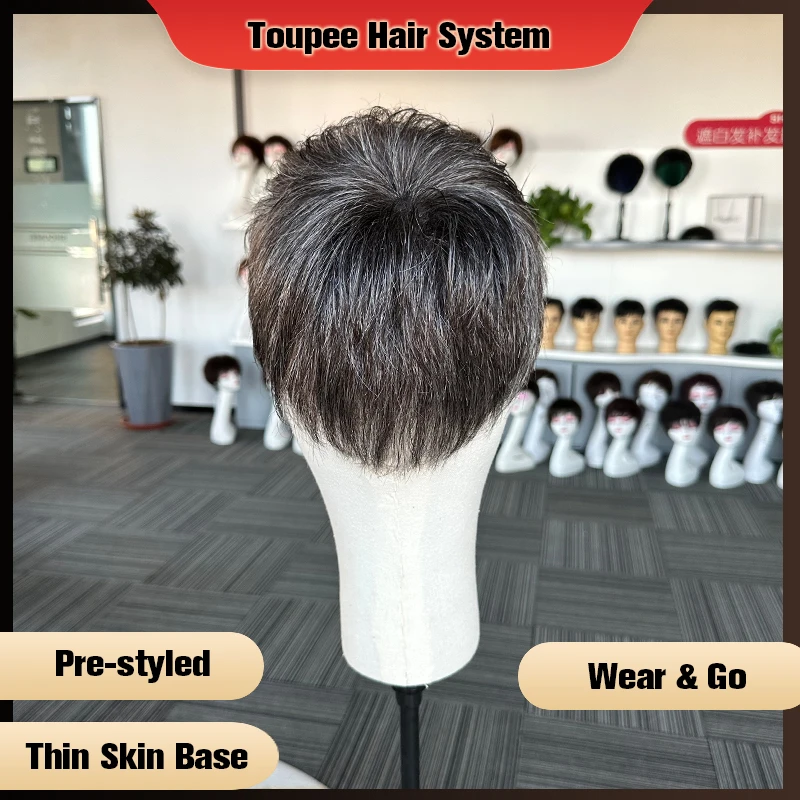 Pre Styled Thin Skin Men Toupee V-Looped Hair Replacement Systems Human Hair Men\'s Wig 1B40 PU Base Wig Hair Piece Protesis Male