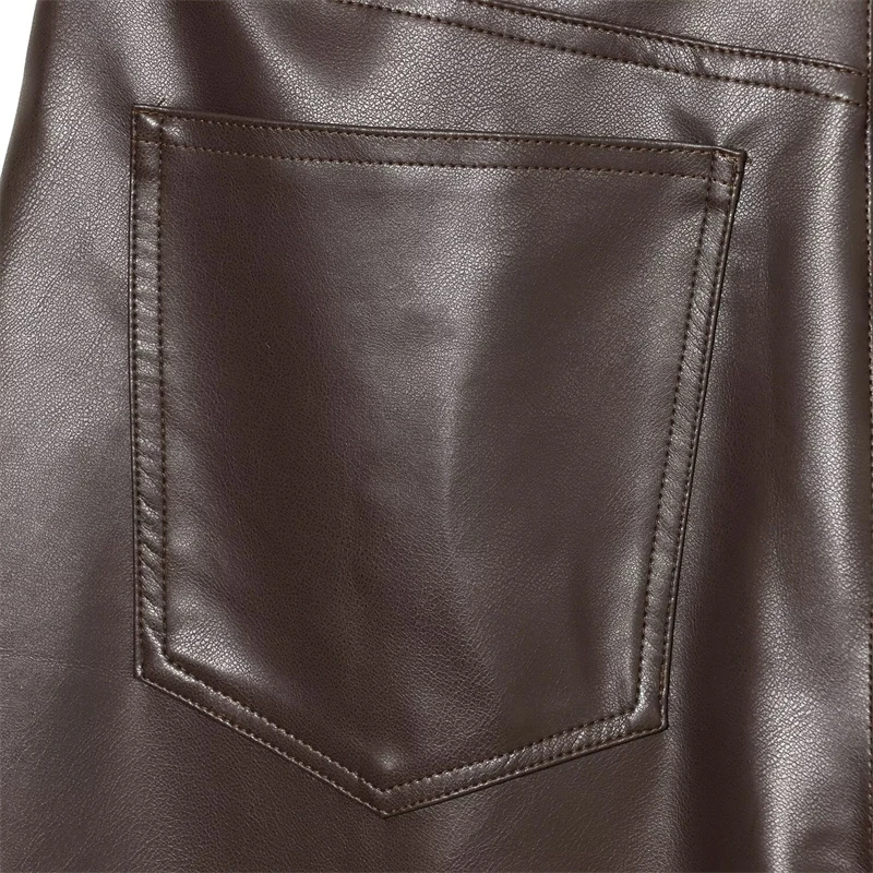 KEYANKETIAN Lente Nieuwe dames kunstleer Casual broek Retro-stijl Rits Hoge taille Losse zakken Bruine lange broek