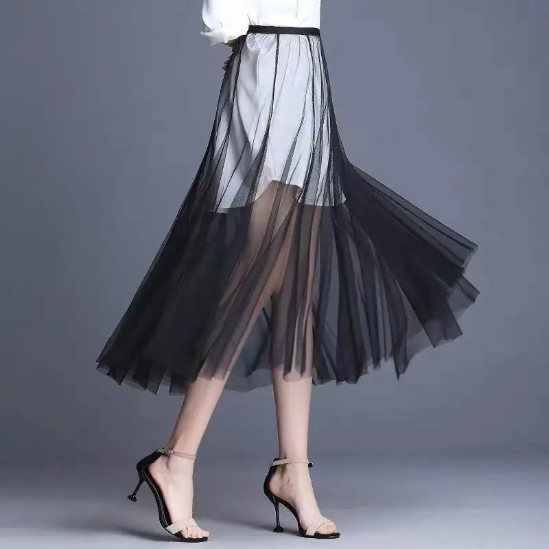 High Waist Me f Skirt Mid-Length Single Layer See-tough Mosquito Proof Sun Protection A-Line Skirt Women's Faion