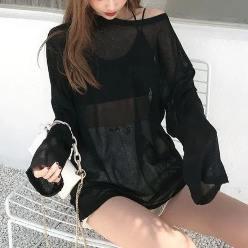 Long Sleeve T-shirts Women Loose Summer Sun-proof Korean Version See Through Thin Tops Leisure Sexy Chic Female Holiday Street