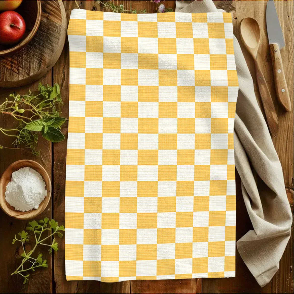 1pc Yellow & White Plaid Printed Scrub Cloth,Soft Absorbent Kitchen Hand Towel, Perfect for Kitchen, Dining Room, Bathroom, Dorm