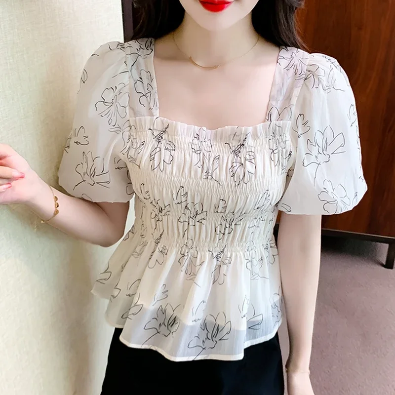 Vintage Summer Chiffon Blouses Women 2024 Elegant Fashion Short Sleeve Causal Blusas Mujer Slim Corset Puff Sleeve Ladies Tops