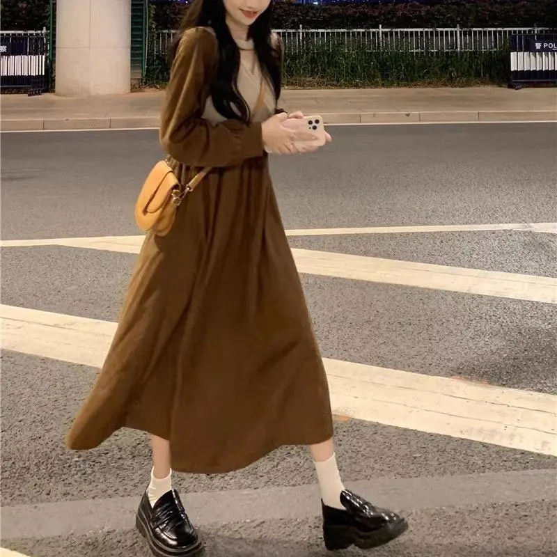 Vintage V-Neck Knitted Patchwork Dresses Female Clothing Elegant Long Sleeve Autumn Winter Commute A-Line Solid Color Midi Dress