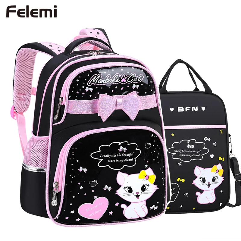 

Cute Children School Bags For Girls Orthopedic Primary School Kids Students Backpack Cartoon Cat SchoolBag With Pencil Case